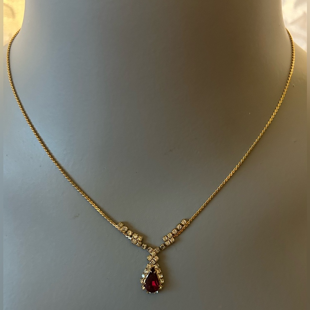 Rhinestone And Ruby-Like Necklace, 17 Inches, Great For Weddings or Prom